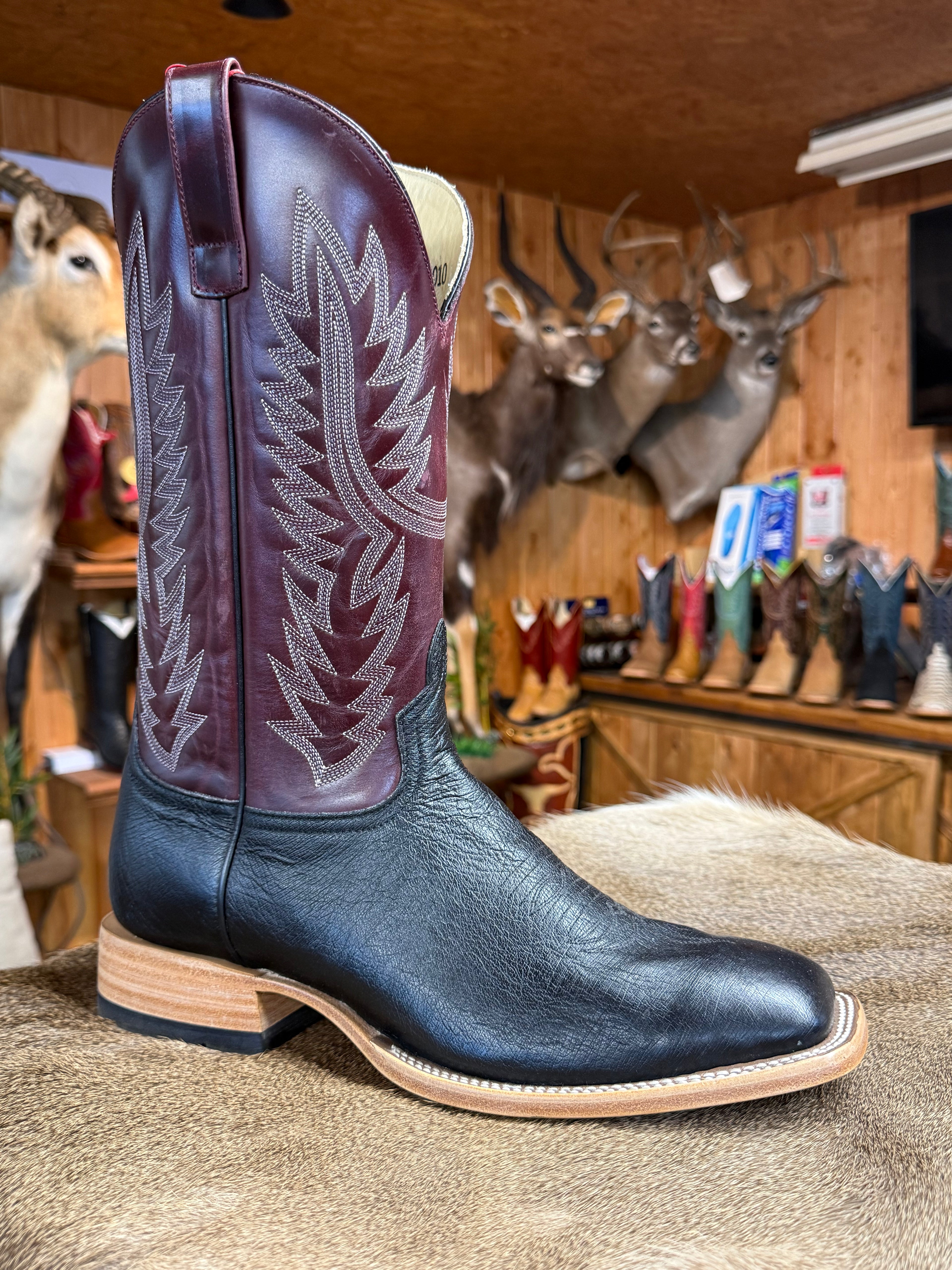 HP8010 - Horse Power Top Hand Men's Black Smooth Ostrich Cowboy Boots with Wine Tops