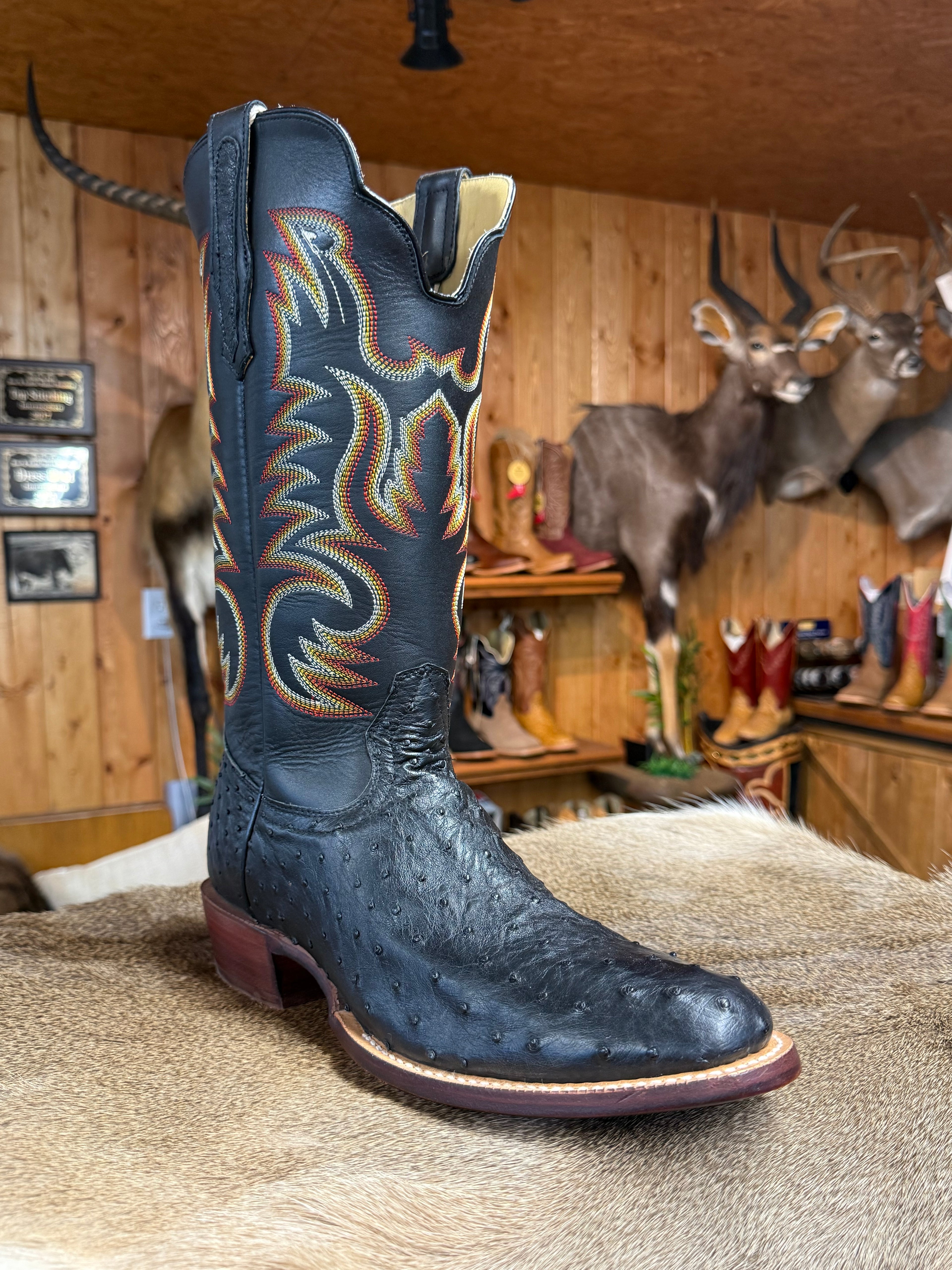 RW4530-6 - R. Watson Men's Black Full Quill Ostrich Cowboy Boots with Black Cowhide Shaft