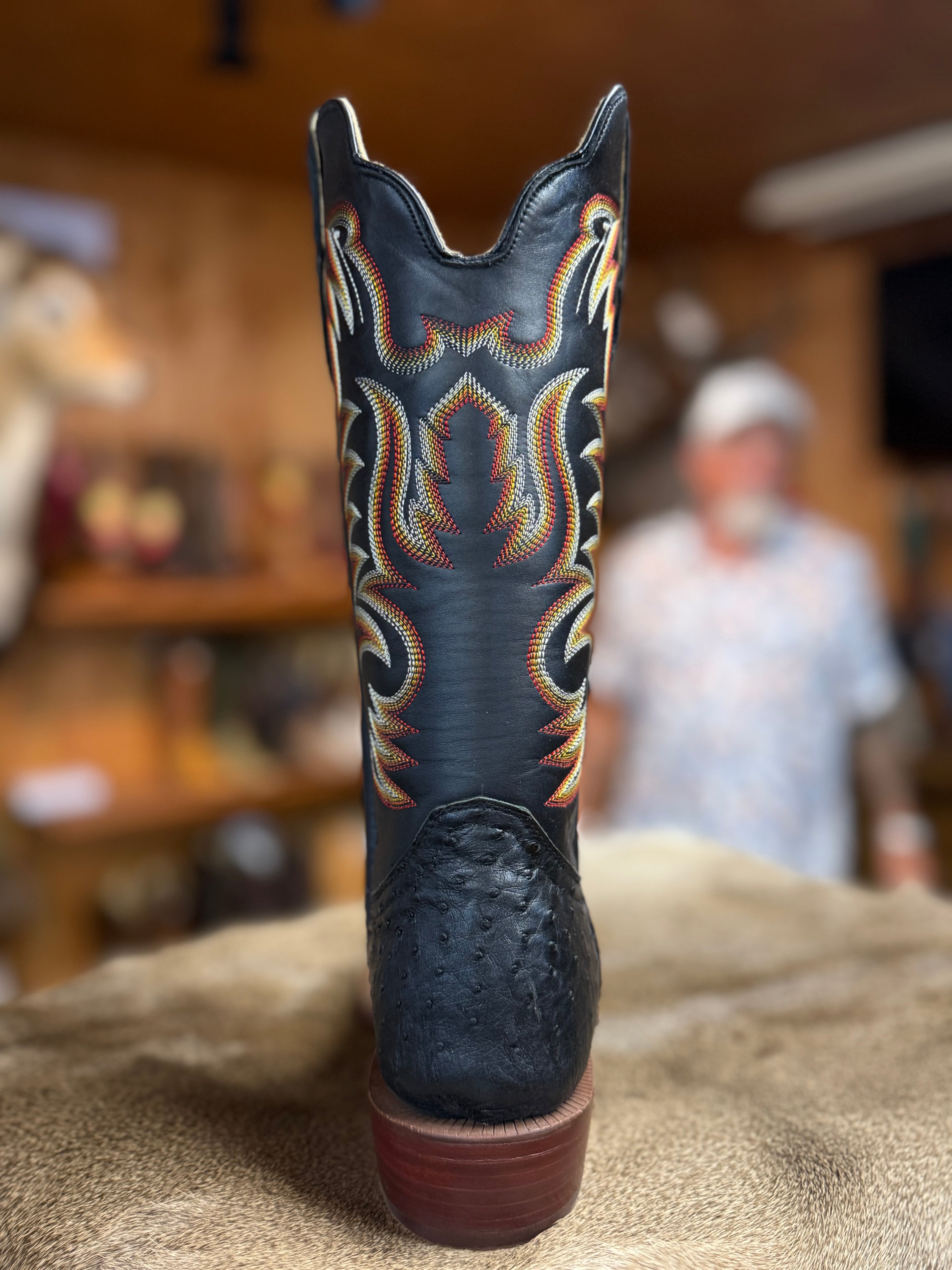 RW4530-6 - R. Watson Men's Black Full Quill Ostrich Cowboy Boots with Black Cowhide Shaft