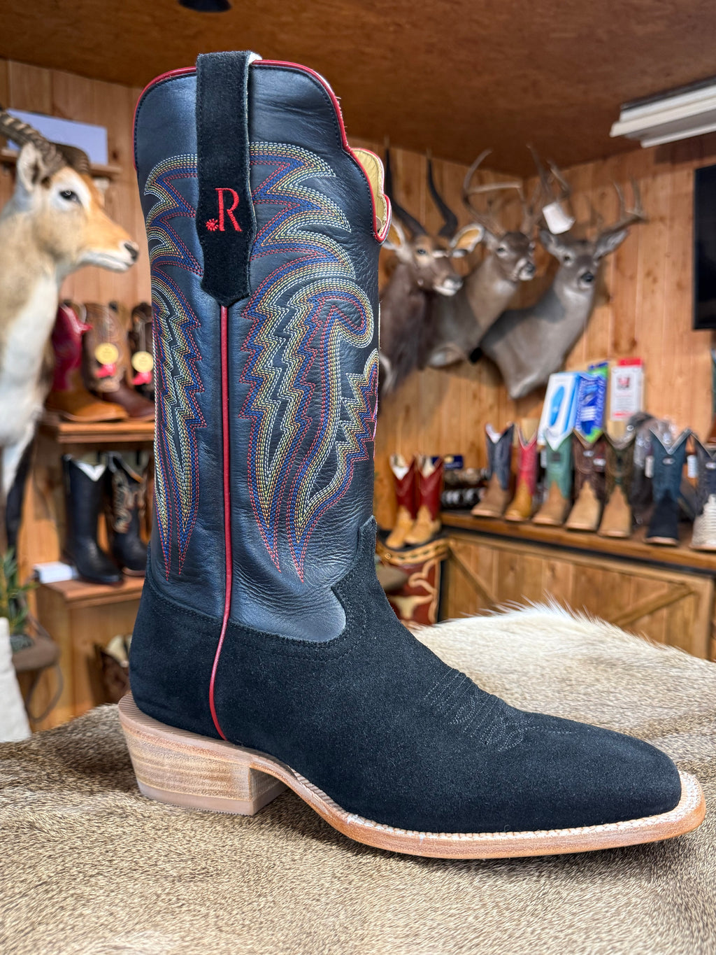 RW8208-2 - R. Watson Men's Black Roughout Cowboy Boots – Wide Square Toe
