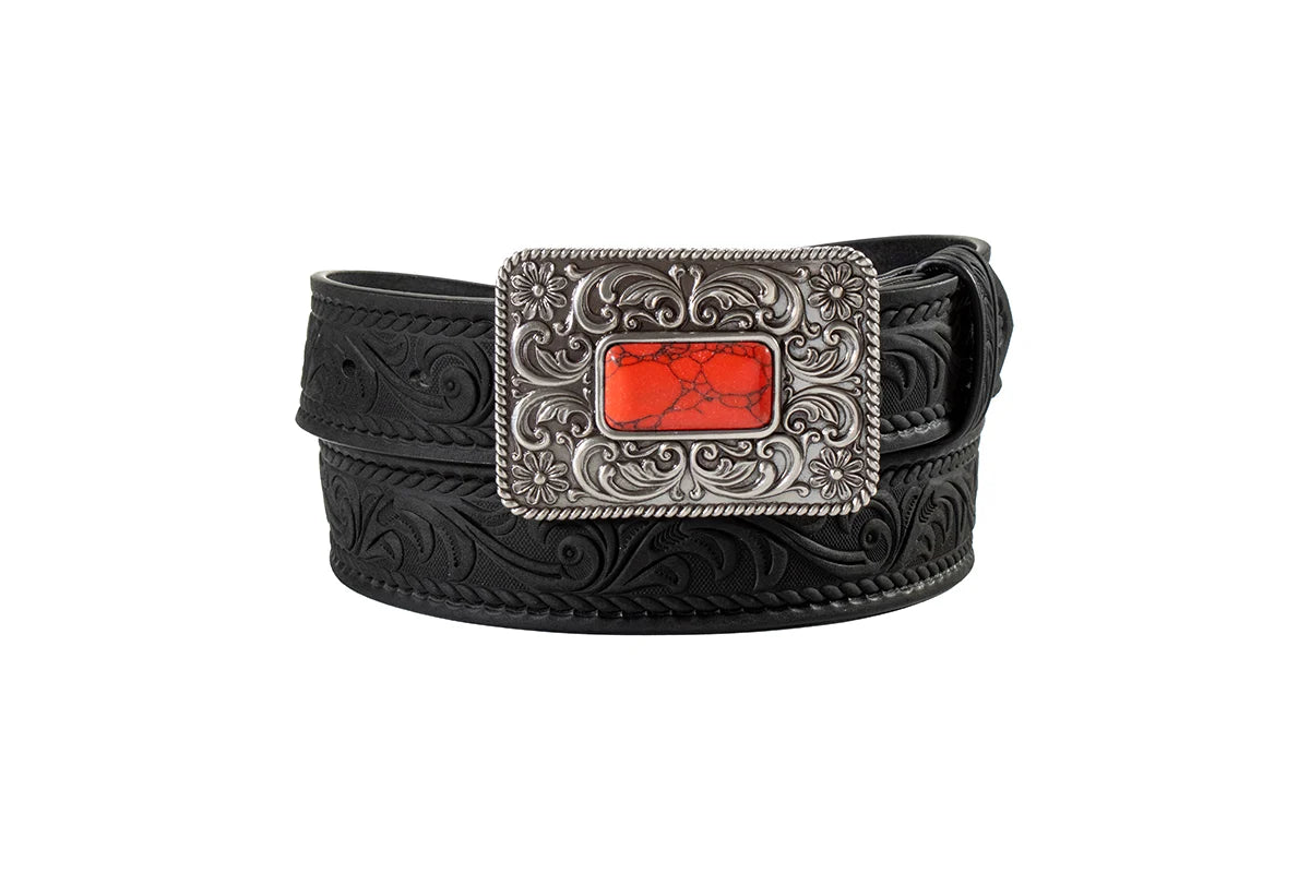 Nocona Women's Floral Tooled Black Leather Western Belt